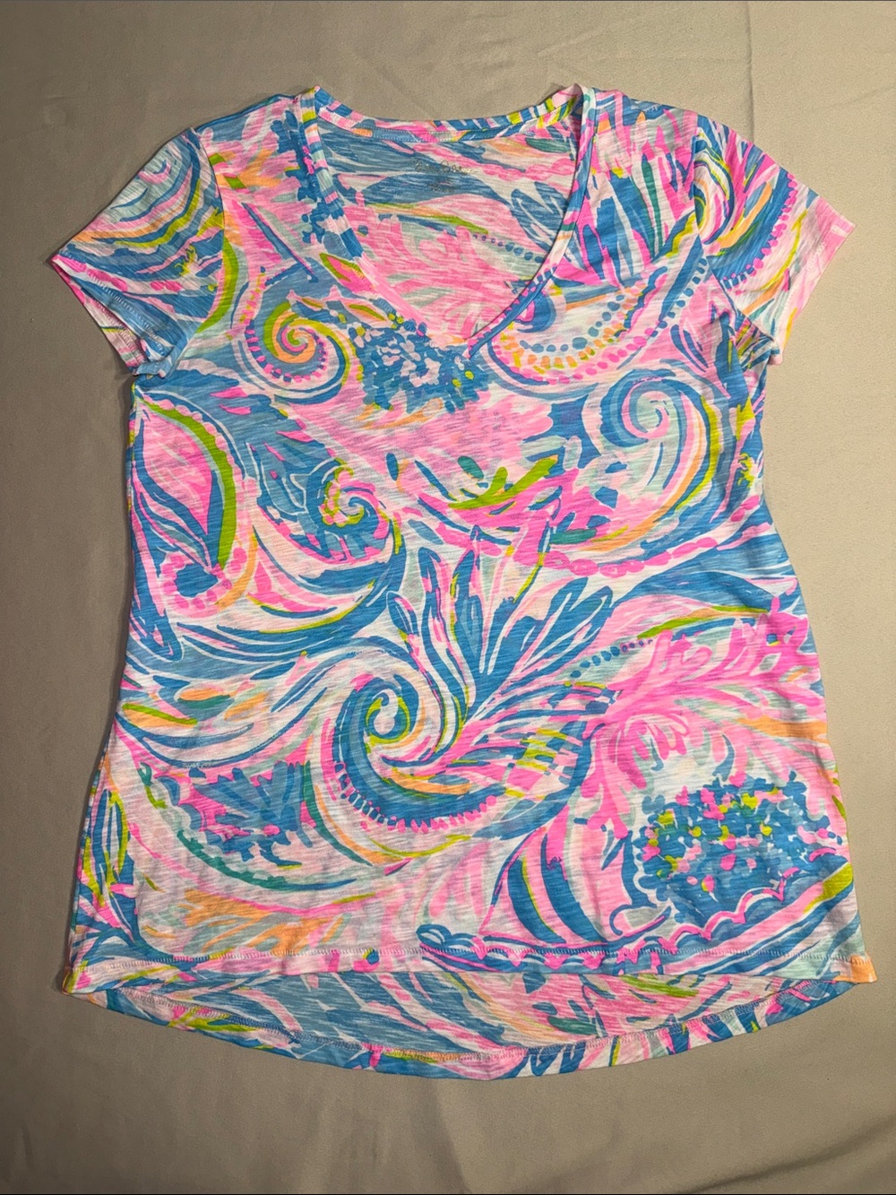 Lilly Pulitzer Etta V-Neck Top Pink Blue Tropical Print XXS
